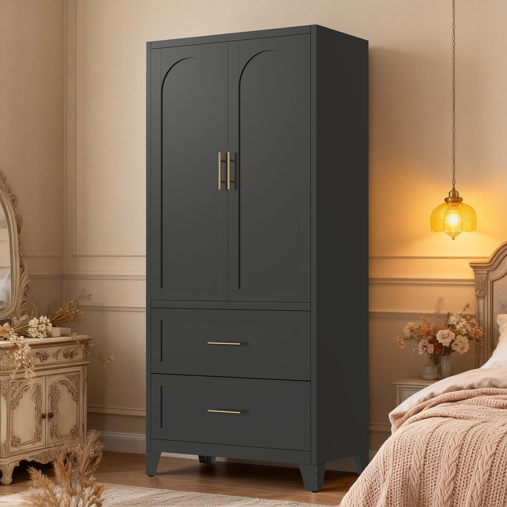Modern 71" Tall Metal Wardrobe Armoires Cabinet with Hanging Rod, Large Drawers & Adjustable Shelf by GDFStudio