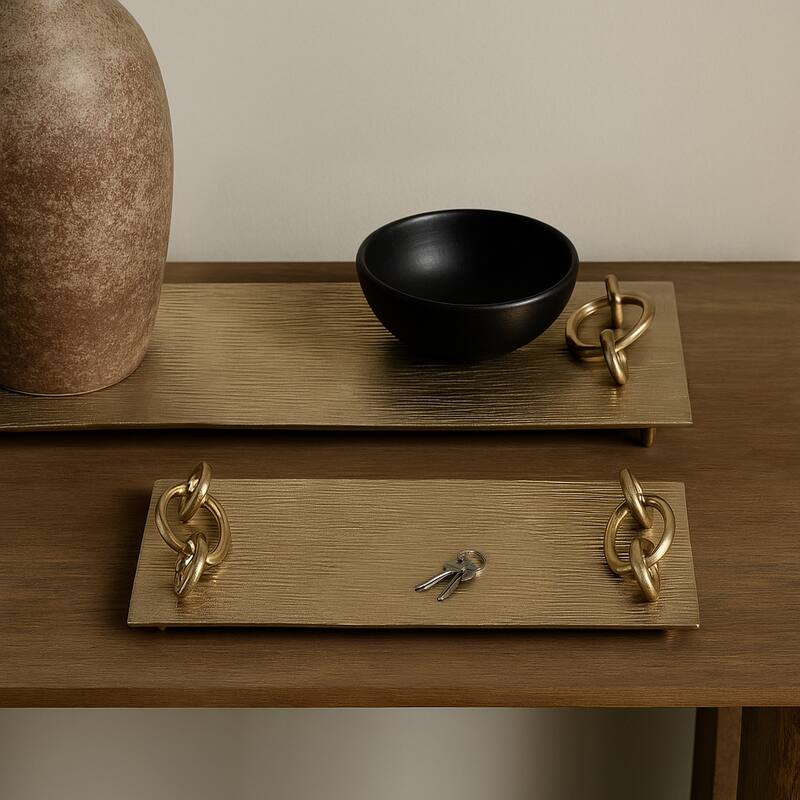 Decorative Metal Tray with Link Handles - Set of 2 - 21", 14", Gold - Gold/ Metallic - 21.0"