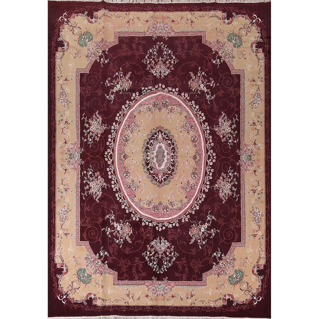 Victorian Style Burgundy Tabriz Area Rug Machine Made Carpet - 9'9" x 12'9"