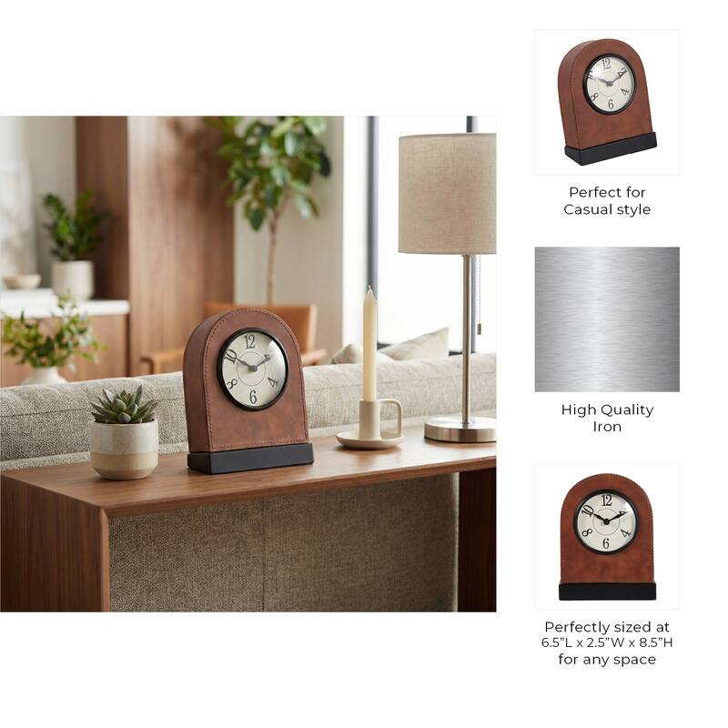 Decorative Faux Leather Tabletop Clock - 9", Brown & White - 8.25"