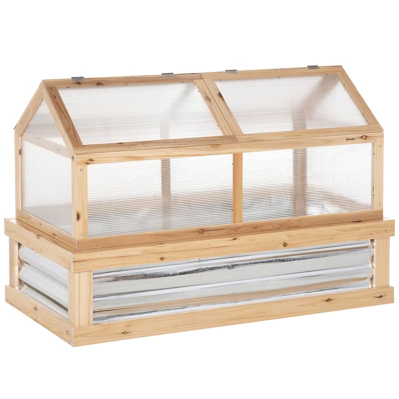 Raised Garden Bed with Polycarbonate Greenhouse, Wooden Garden Cold Frame Greenhouse, Flower Planter Protection, Natural - Wood
