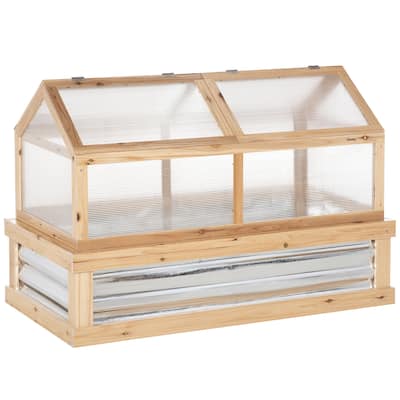 Raised Garden Bed with Polycarbonate Greenhouse, Wooden Garden Cold Frame Greenhouse, Flower Planter Protection, Natural