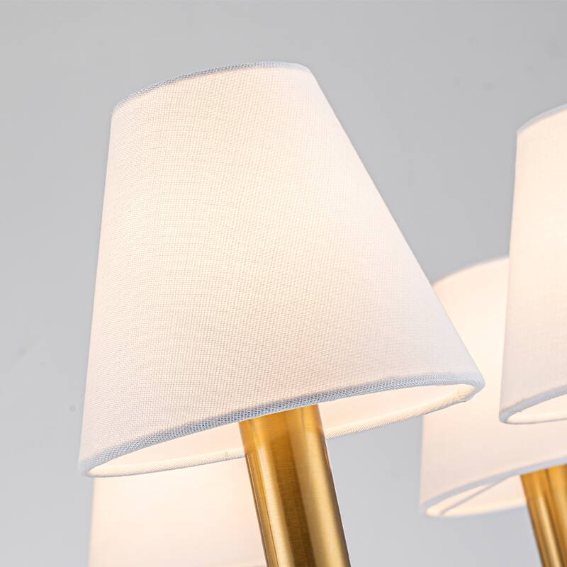 8-Light 32-Inch Mid-century Modern Satin Brass Large Chandelier with White Linen Fabric Shades For Dining Room or Foyers - W32''
