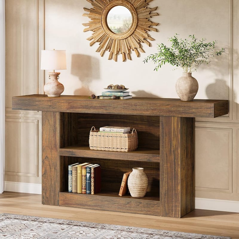 63-Inch Console Table with Storage, 3-Tier Farmhouse Entryway Table, Wooden Sofa Table Behind Couch - 11.8" W x 63" L x 31.5" H