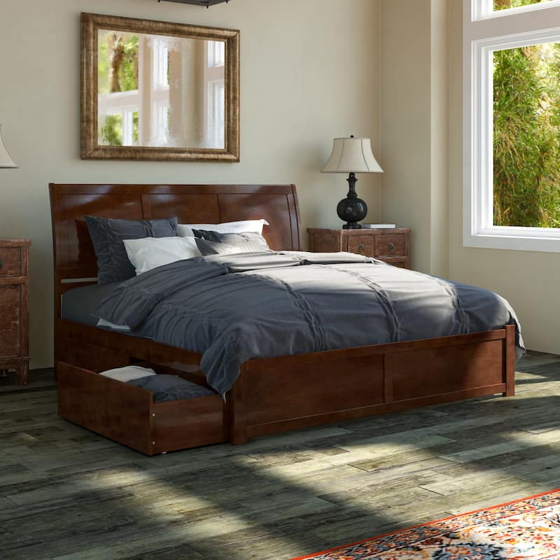 Portland King Platform Bed with Footboard & 2 Storage Drawers in Walnut - Walnut - King