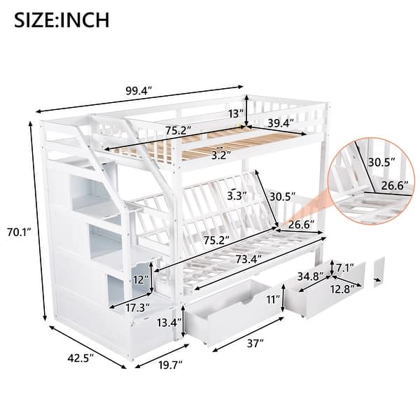 dimension image slide 1 of 2, Pine Wood+MDF Easy Assembly Twin over Full Bunk Bed with Two Drawers and Staircase, Down Bed can be Converted into Daybed.