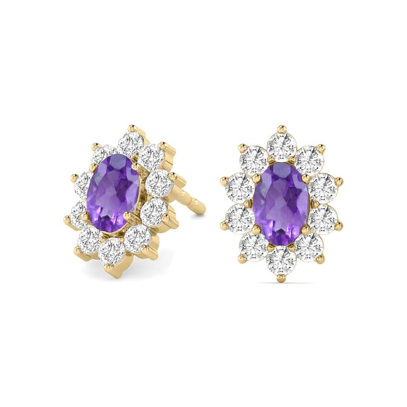 Marquee Oval Shape Amethyst and Diamond Flower Earrings in 14K Yellow Gold
