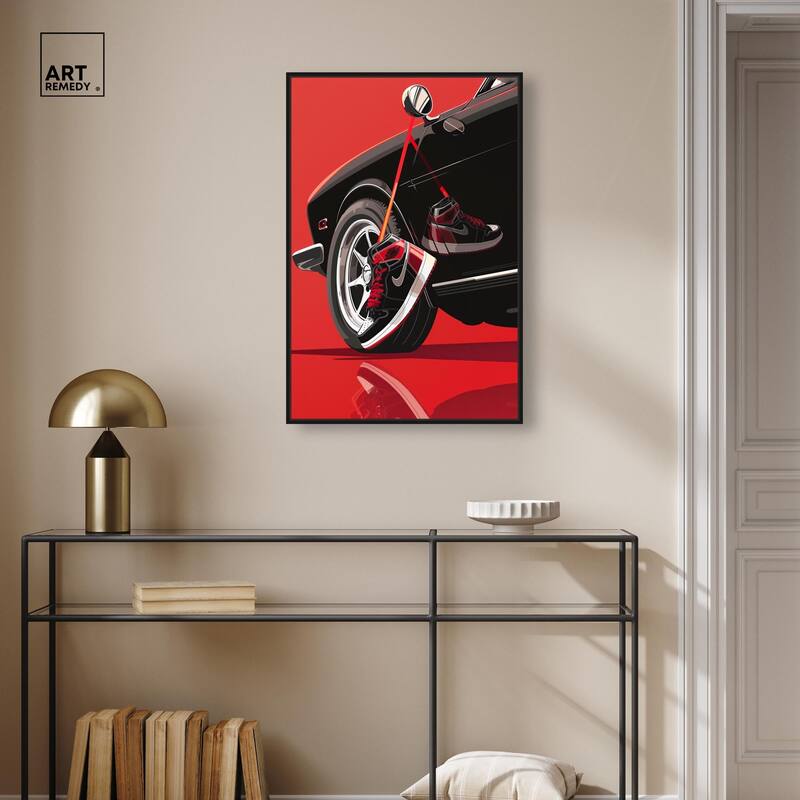 Red Bold Sneaker and Car Canvas by Art Remedy