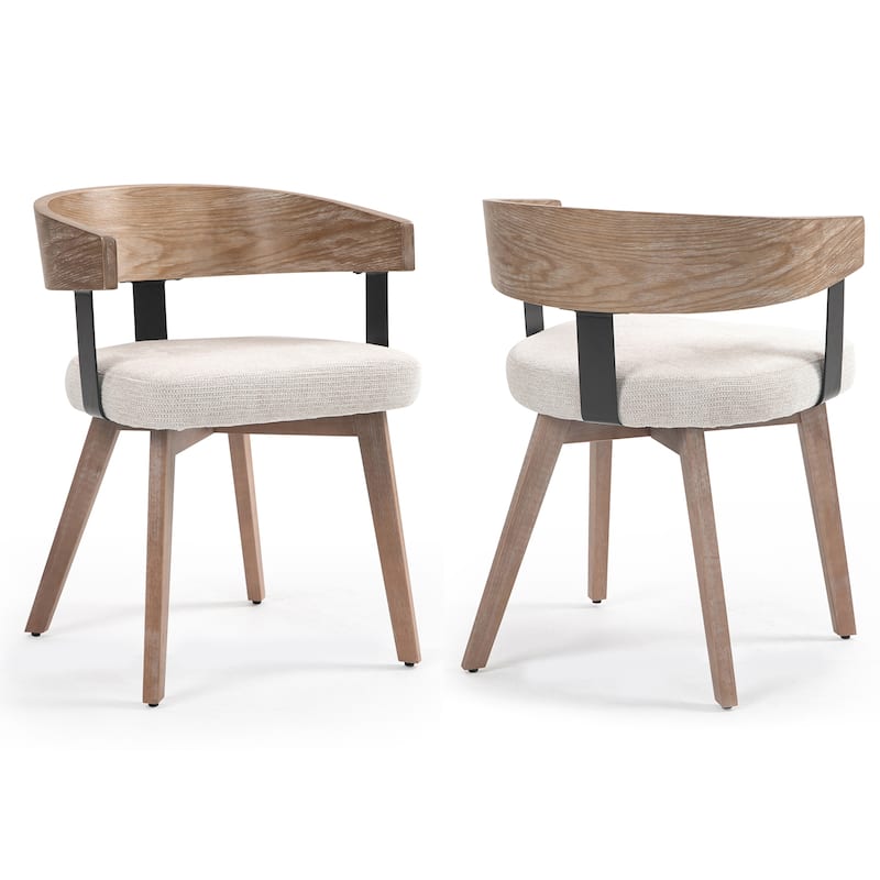 Set of 2 Beck Beige Linen Fabric Dining Chair with Natural Wood Backrest and Legs