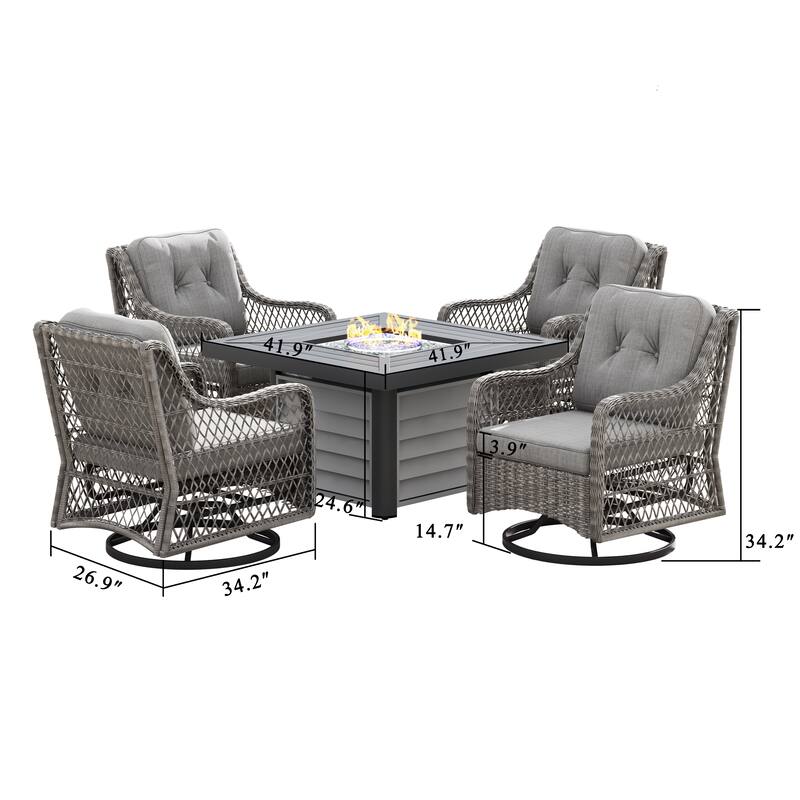 Corvus Vasconia 5pc Outdoor Resin Wicker Swivel Chat Set with Fire table