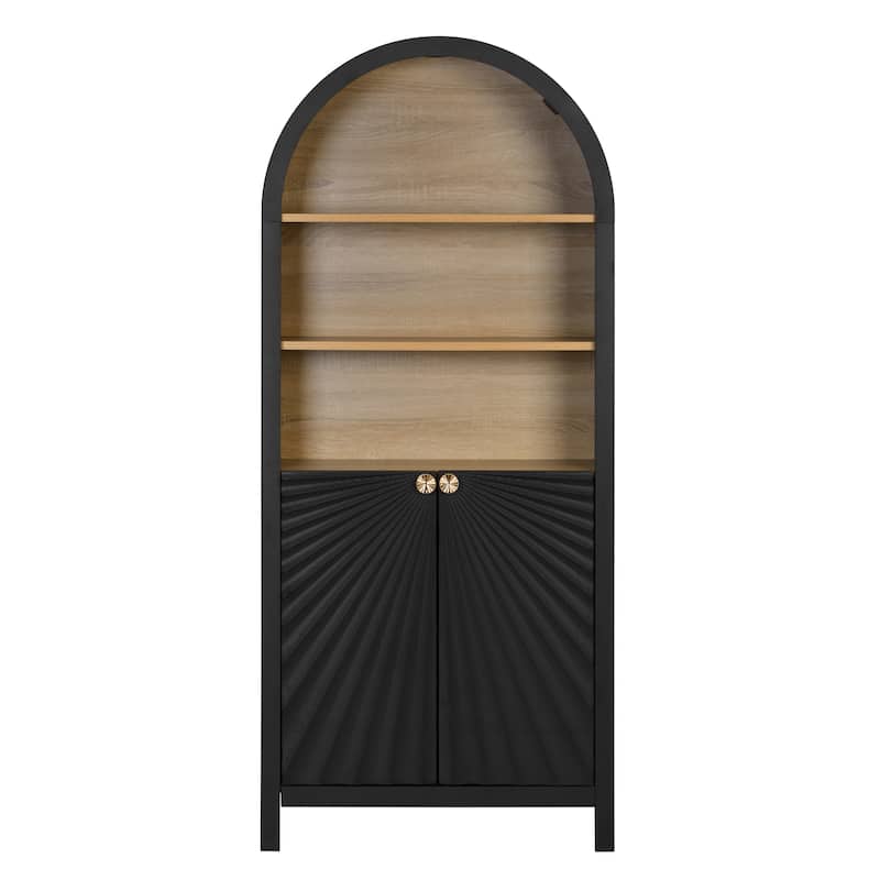 61" Tall Arched Cabinets,Bookcase with storage,Mid-Century Modern 5-Tier Bookshelf with Door,Black