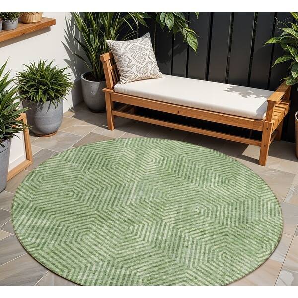 8' Green And Light Green Round Geometric Washable Indoor Outdoor Area ...