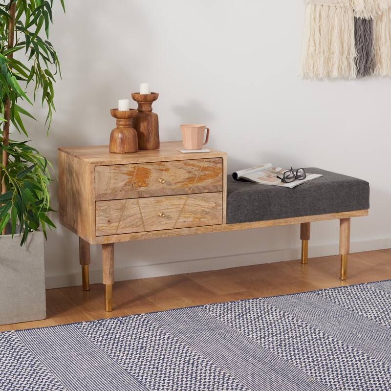 SAFAVIEH Tempie Modern 2-Drawer Cushioned Seated Bench - 43 In. W x 15 In. D x 21 In. H - 43Wx15Dx21H - Natural/Grey Fabric