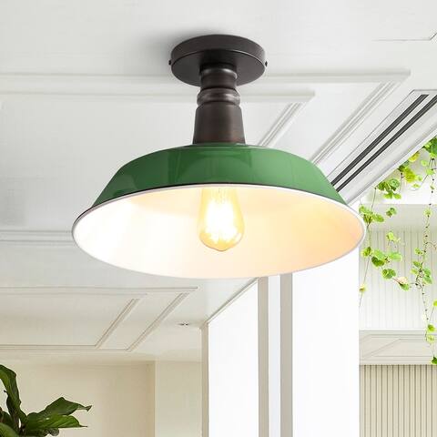 Amoros 14" 1-Light Classic Industrial Indoor/Outdoor Iron LED Semi Flush Mount, by JONATHAN Y