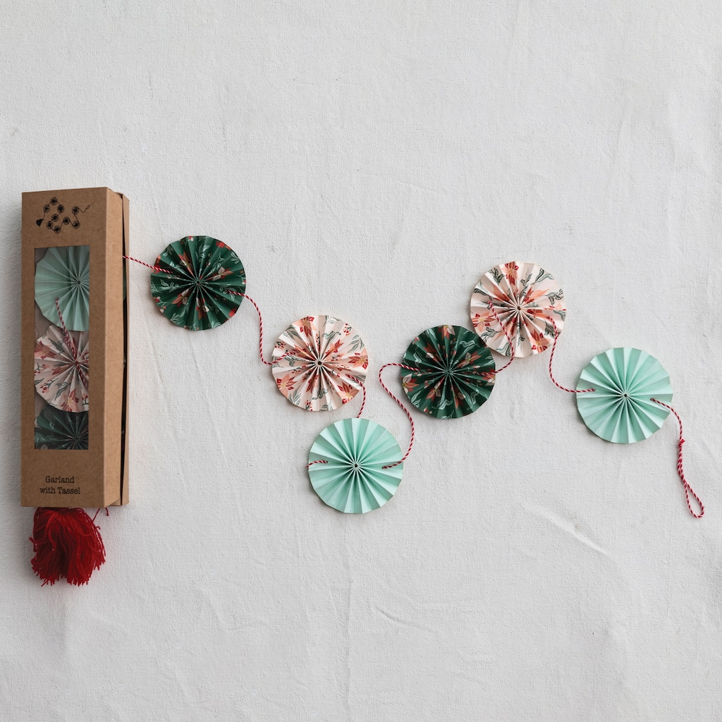 Handmade Recycled Paper Fan Garland with Cotton Tassel