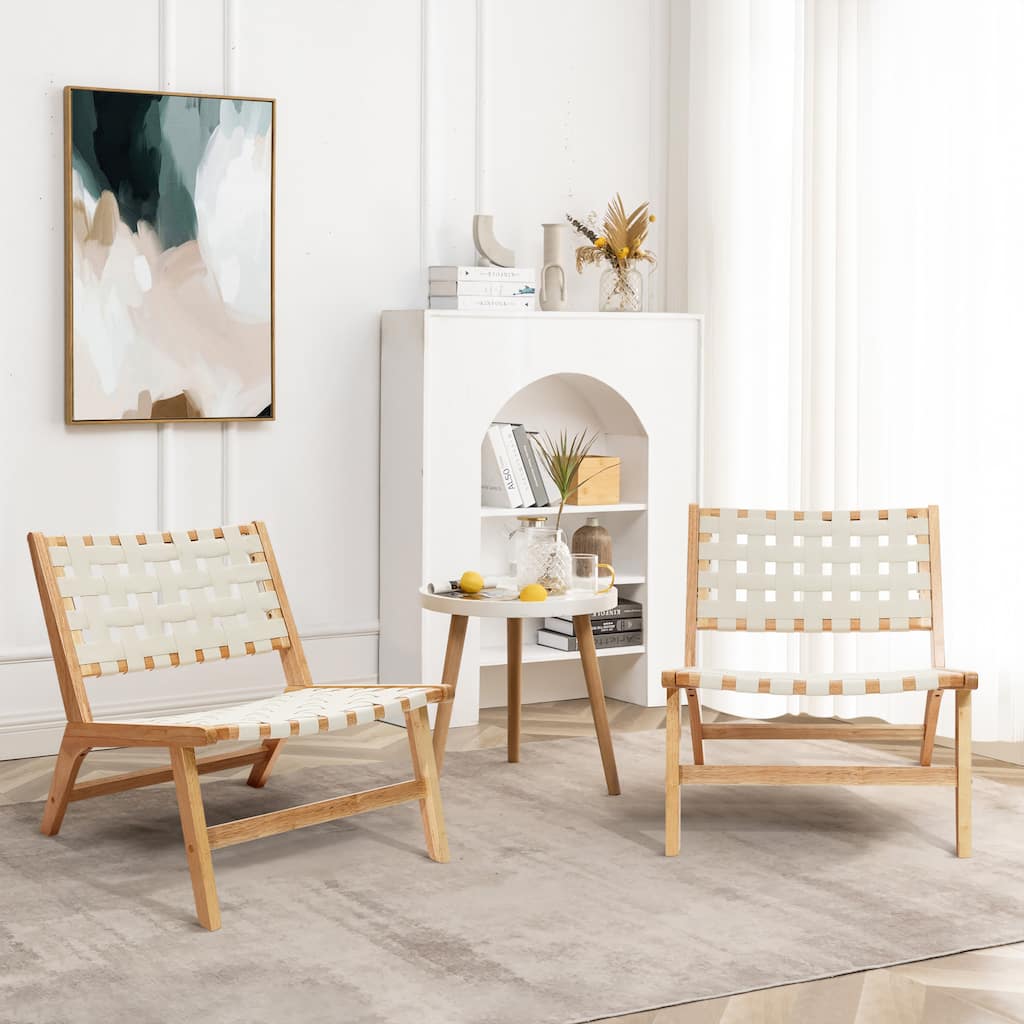 Natural Rubberwood with White PU Leather Low Profile Armless Accent Chair, Set of 2 - 28.5" H x 26.3" W x 26.5 D
