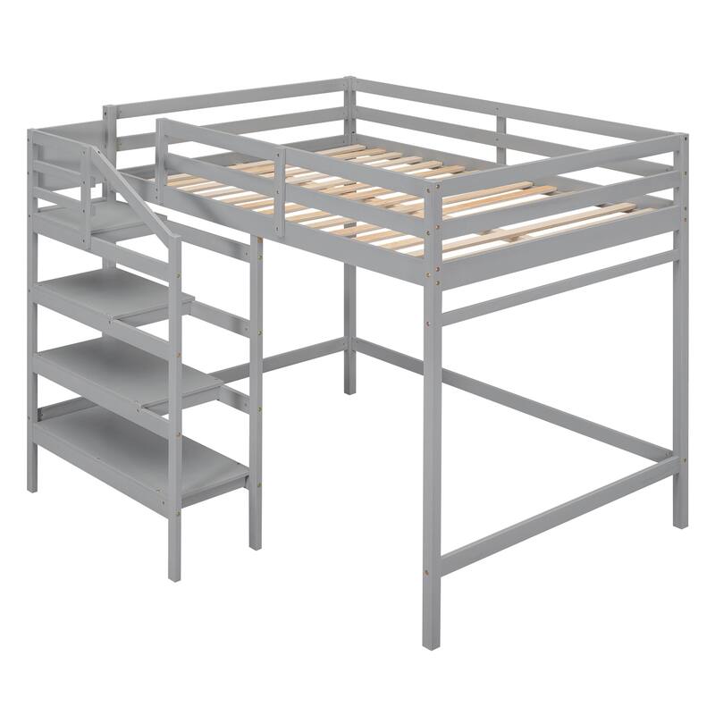 Full Size Loft Bed with Shelves Stairs and Hanger, Wooden Loftbed Frame for Bedroom Sturdy Wood Loft Full Size Frame Bed