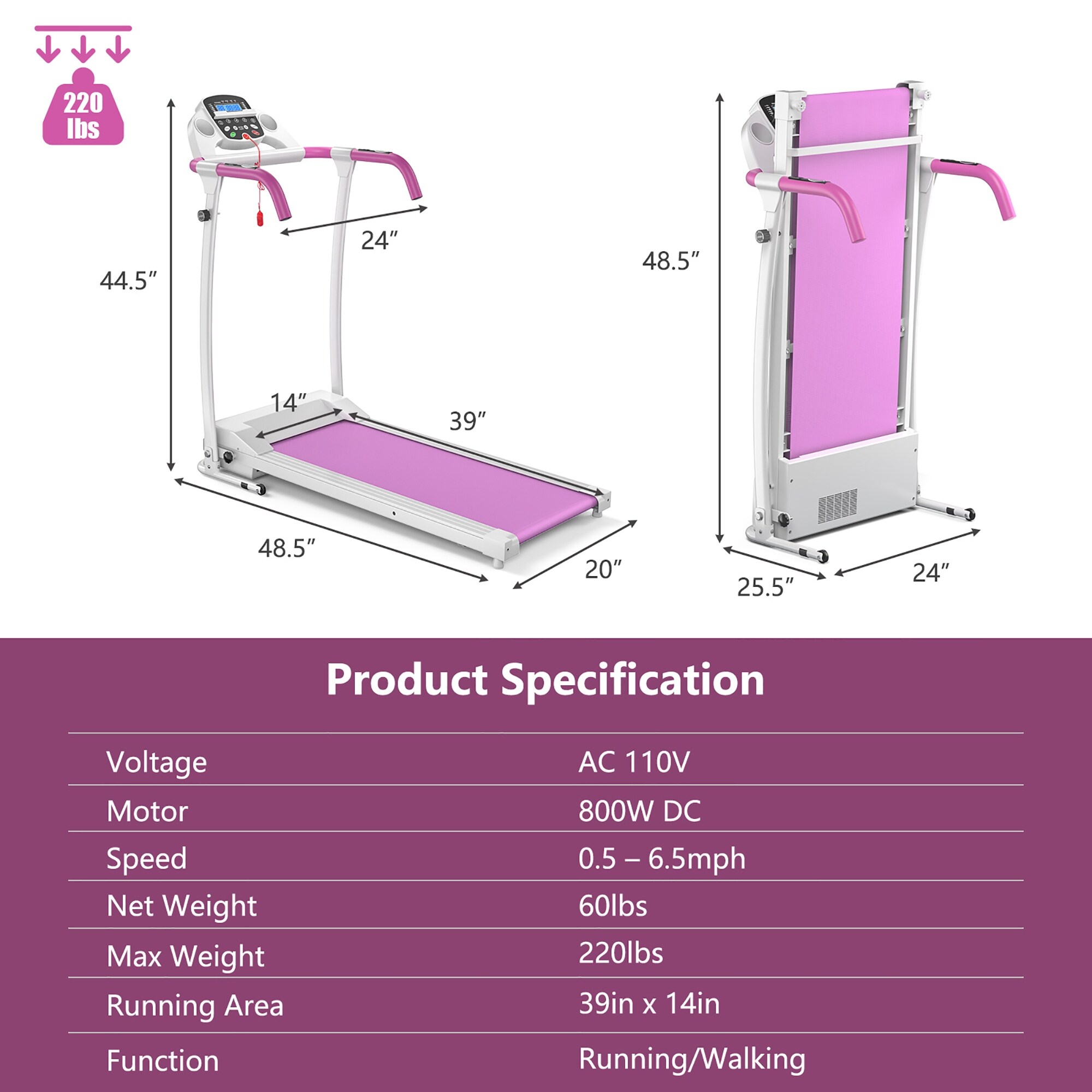Costway 800W Folding Treadmill Electric Support Motorized Power