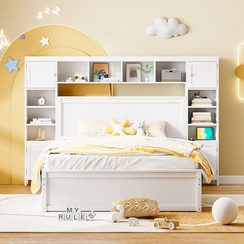 Solid Wood Storage Bed Frame with Twin Size Trundle & 2 Drawers, Wooden Platform Bed All-in-One Panel Bed Set with Cabinets