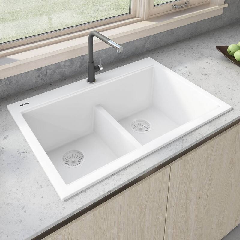 Ruvati 33 x 22 inch epiGranite Drop-in TopMount Granite Composite Double Bowl Low Divide Kitchen Sink - Arctic White - RVG1385WH