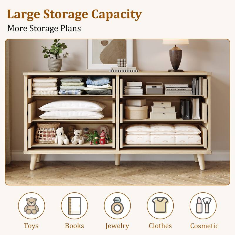 6 Drawer Dresser for Bedroom, 53" Wide Boho Fluted Dresser