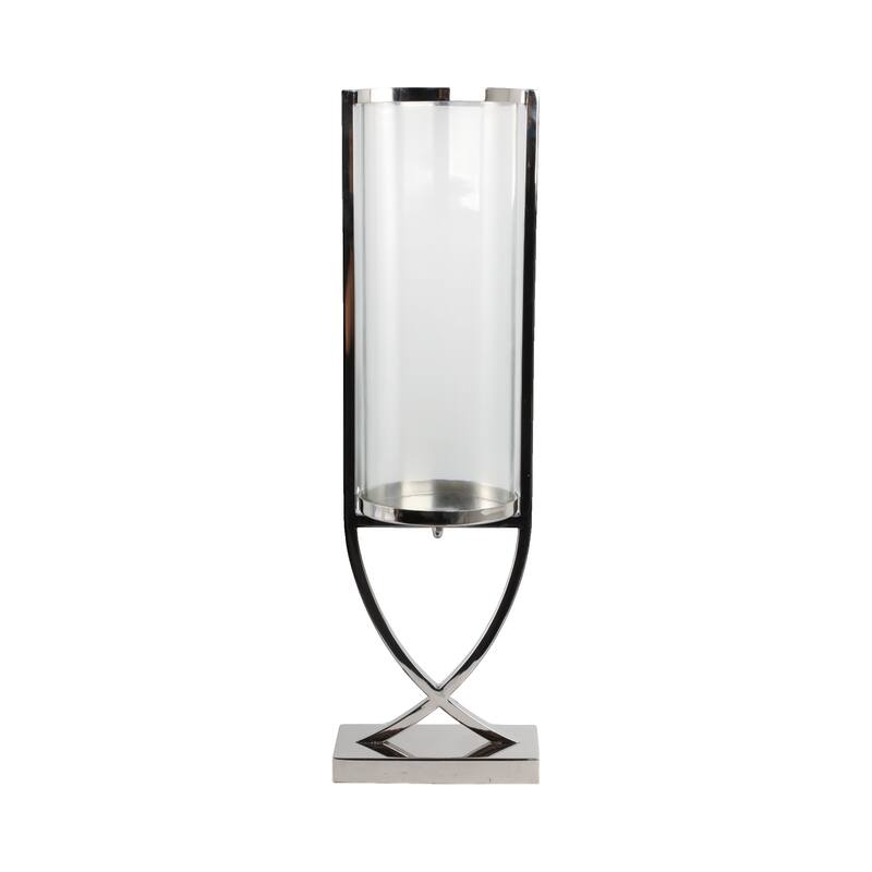 Modern Glass Pillar Candle Holder Decorative Lantern with Steel Frame