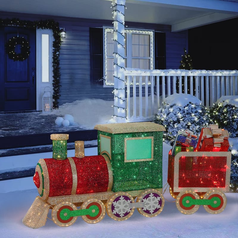Puleo International 68" Pre-Lit Outdoor Wire Frame Train - Gold Red Green Blue - 5.66