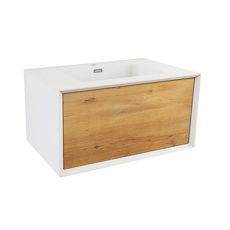 Wall-Mounted 1-drawer Bathroom Vanity Set in White and Oak with Integrated Solid Surface Sink