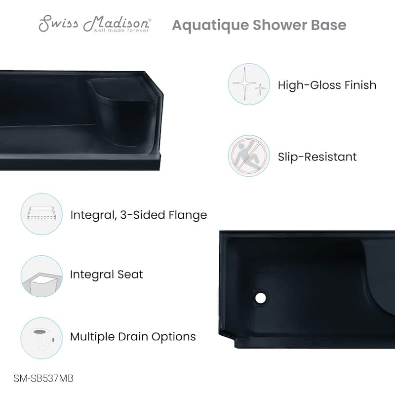 Aquatique 60" X 32" Left Drain, Shower Base In Matte Black - 59.75" x 32" x 23.25"