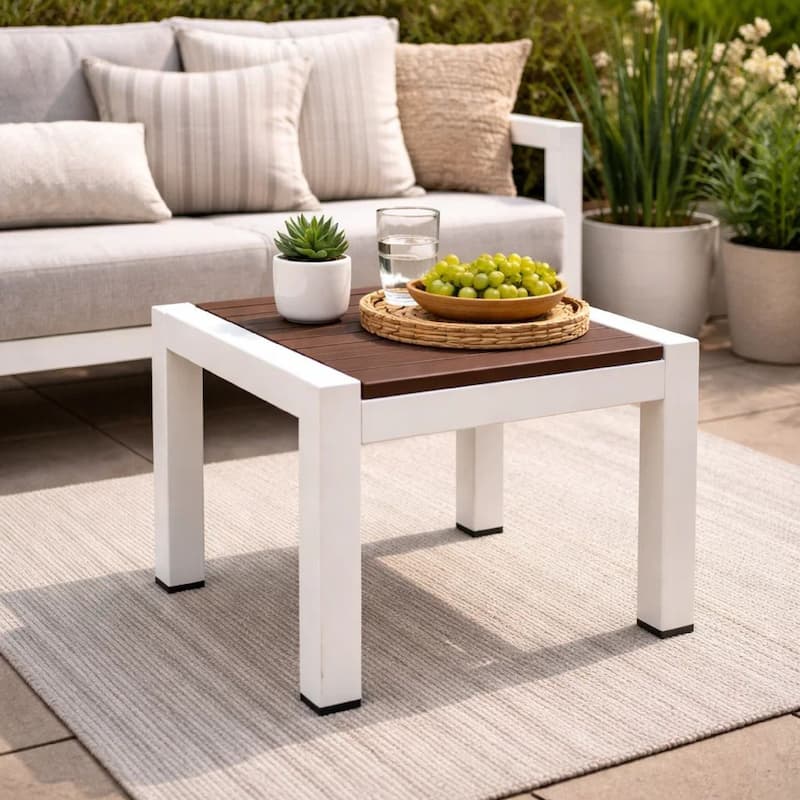Josh 18 Inch Side End Table, Smooth Gray Polyresin Planks, Aluminum Frame