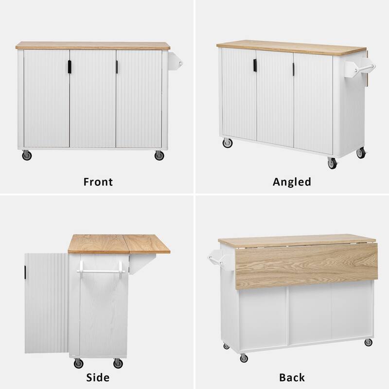 51.30'' Fluted Kitchen Island with Drop Leaf, Rolling Wheels, Internal Storage Rack, and Towel Rack - 51.3'' x 29.5'' x 36.4''