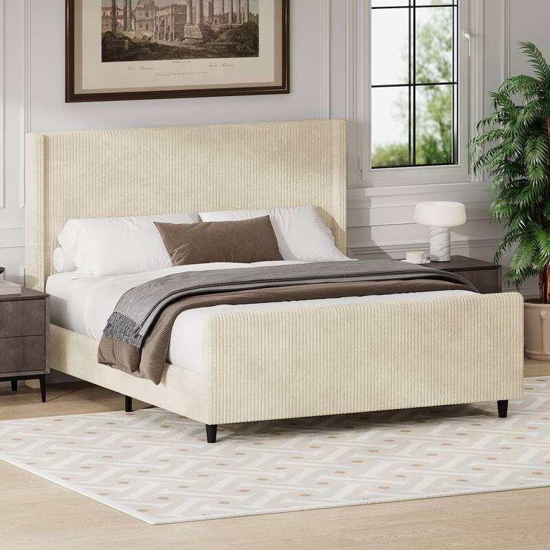 Modern Vertical Stripe Wingback Headboard Corduroy Upholstered Bed Frame - Cream - Queen