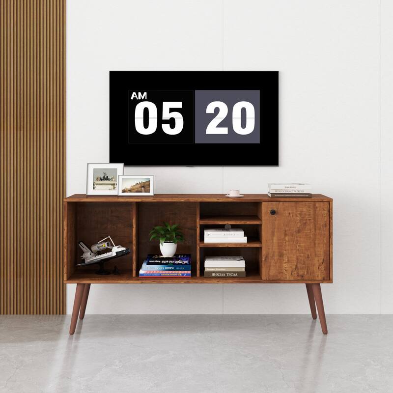 53" TV Stand with 1 Cabinet and 3 Open Shelves - Walnut Brown