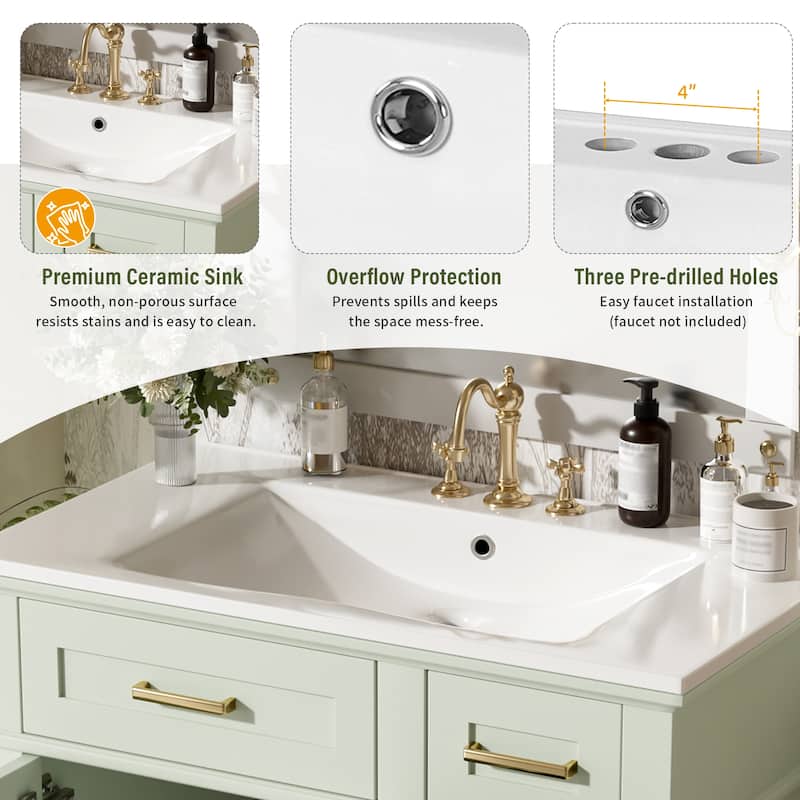 30" Bathroom Vanity with Ceramic Sink, Modern Storage Cabinet with Soft-Close Doors, Deep Drawer & Standard Drawe