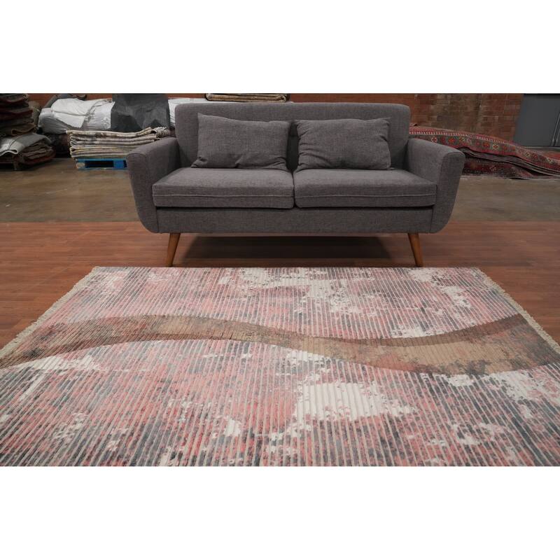 Hand Knotted Oriental Viscose Silk Carpet Modern Stripe Coral Abstract Area Rug - 6' 6'' X 4' 9''