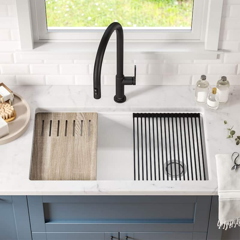 KRAUS Bellucci Workstation Undermount Granite Composite Kitchen Sink - 32" L x 19" W (sink KGUW1-33WH) w/ KWD100-100MBL - White Sink with Black Garbage Disposal