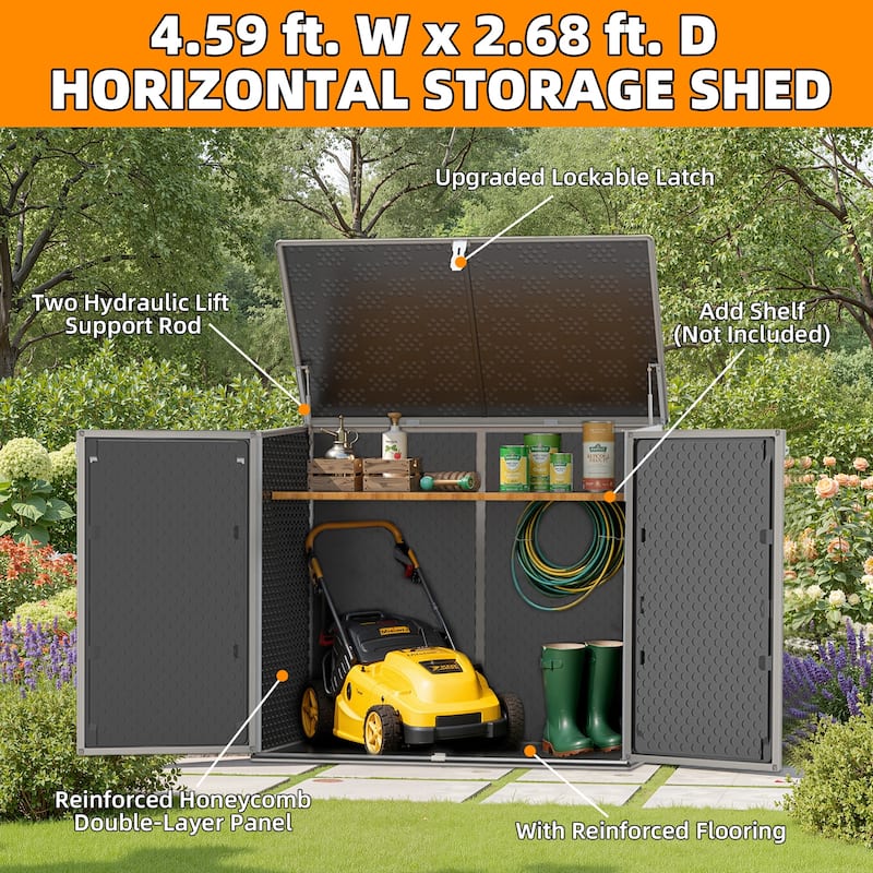 4.6 ft. W x 2.7 ft. D Horizontal Outdoor Plastic Storage Shed, Trash Can Storage Cabinet with 3-Doors
