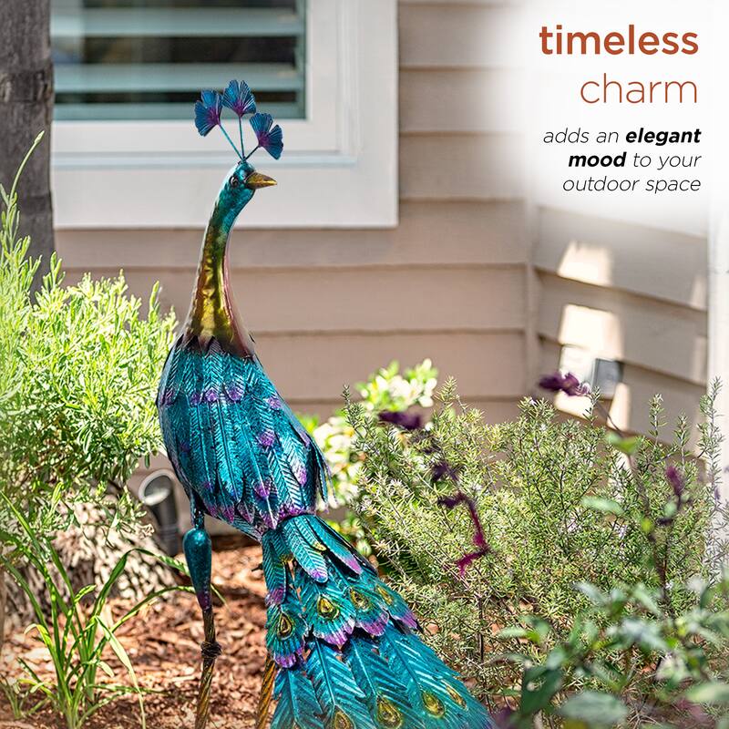 Alpine Corporation 23" Tall Outdoor Metallic Peacock Tail Spread Yard Statue Decoration, Multicolor