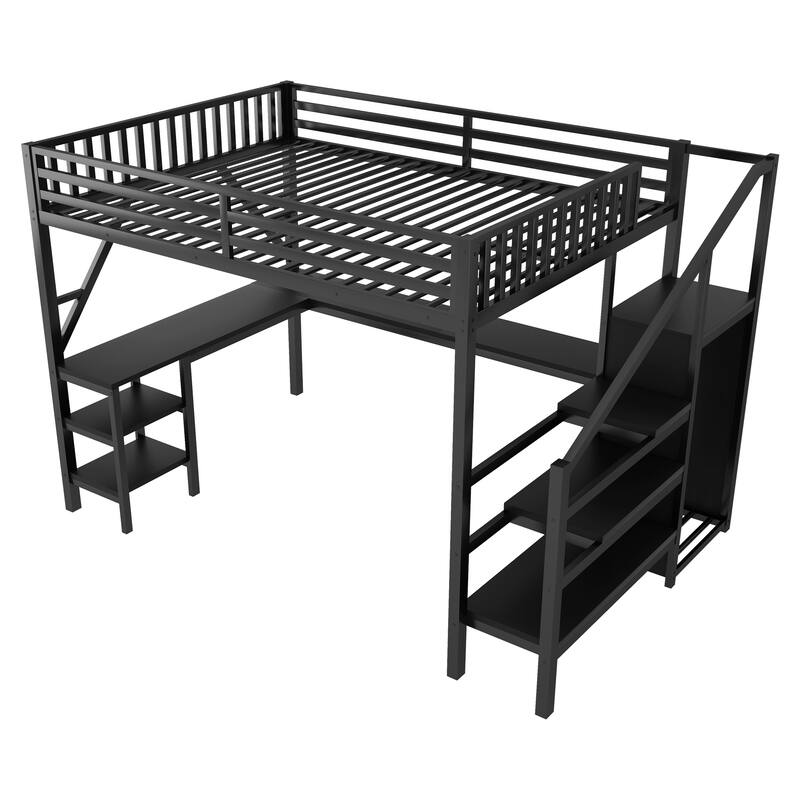 Metal Queen Loft Bed with Wardrobe and LED Light, Queen Size Loft Bed with L Shaped Desk and USB for Kids Teens Adults