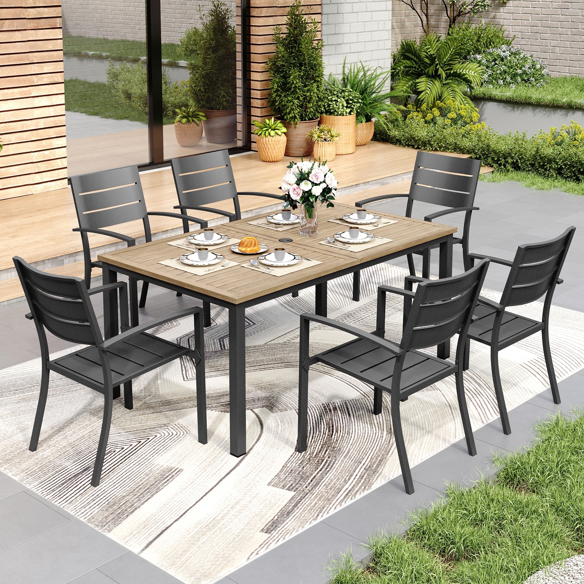 MAISON ARTS 7-Piece Patio Dining Set with 1 Metal Table & 6 Stackable Dining Chairs