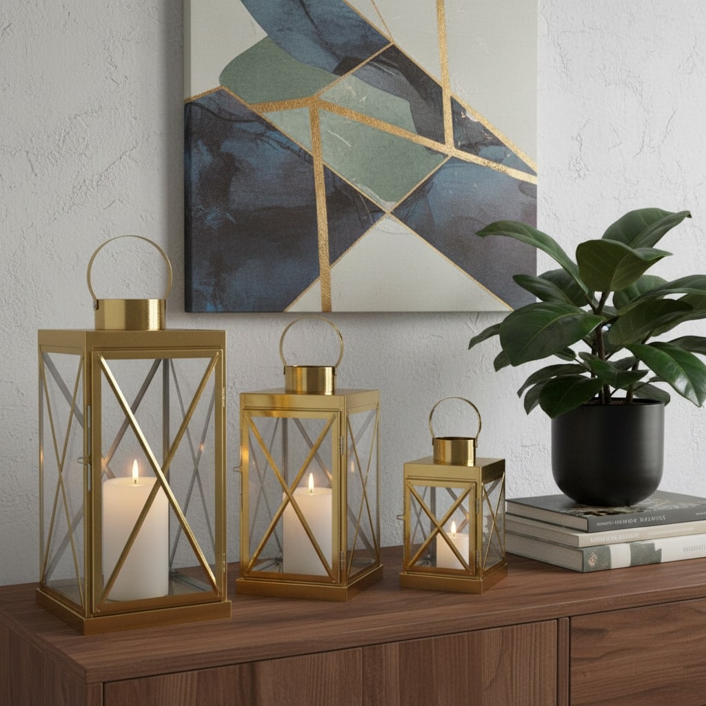 Set of Three Clear And Gold Glass And Stainless Steel Floor Lantern Candle Holders