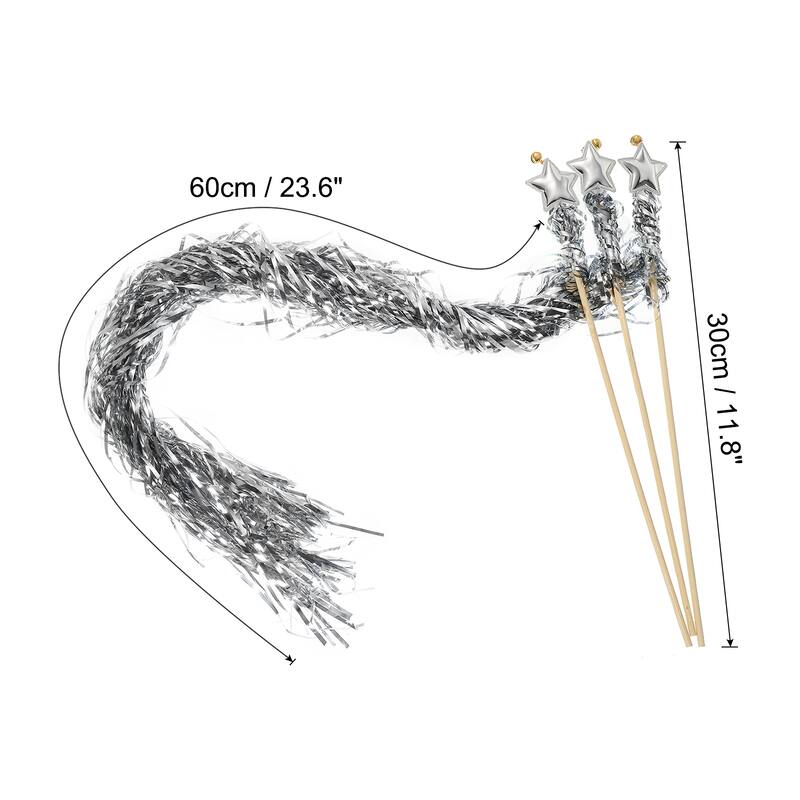24pcs Fairy Wands Shiny Streamers with Bell Metallic Foil Fringe Party - Silver Tone