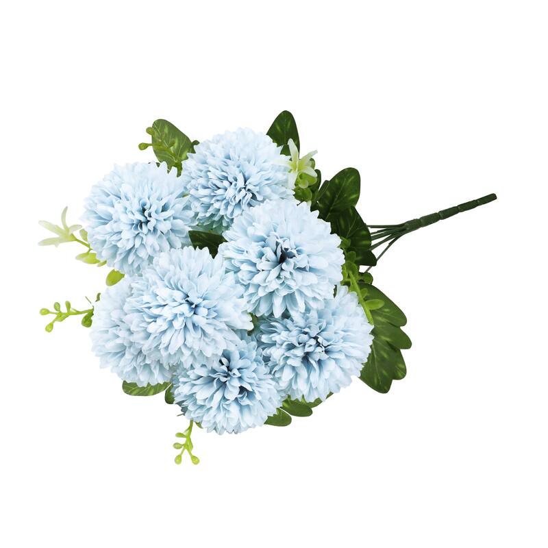 Set of 3 Light Blue Artificial Pom Pom Mum Flower Stem Bush Bouquet 16in - 16" L x 8" W x 8" DP