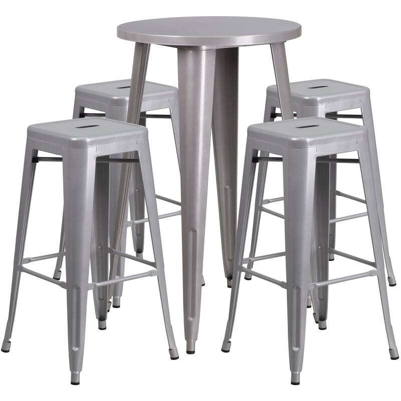 24'' Round Metal Indoor-Outdoor Bar Table Set with 4 Square Seat Backless Stools