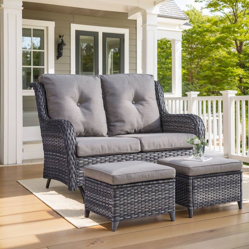 Outdoor Glider Sofa Funitre Set - Grey Rattan - Grey Cushion - 2PCS Sofa with Ottoman