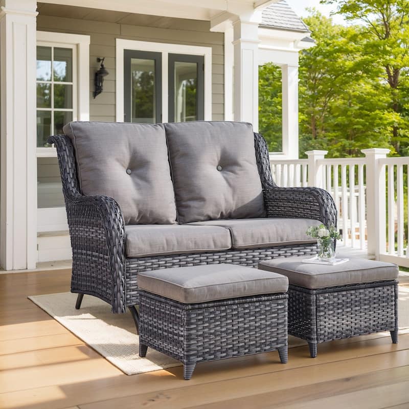 Pocassy Outdoor Glider 2-Seat Sofa with Soft Cushion - Grey Rattan - Grey Cushion - 3PCS Glider Sofa with Ottomans