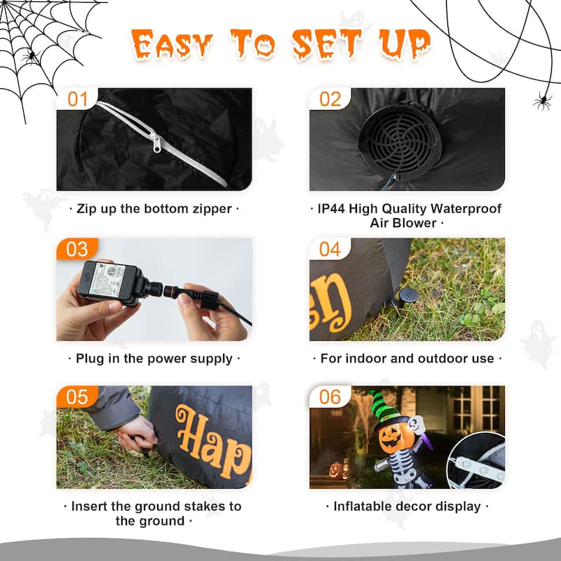 Glitzhome 6FT Lighted Halloween Jack-O-Lantern Skeleton Rotating Inflatable Decor