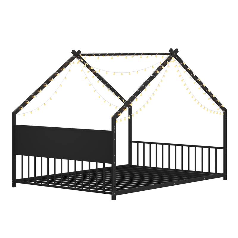 House Bed with Roof and Colorful Lights, House-shaped Frame Floor Bed with House Roof Frame, Metal Bed Frame with Slats and Legs
