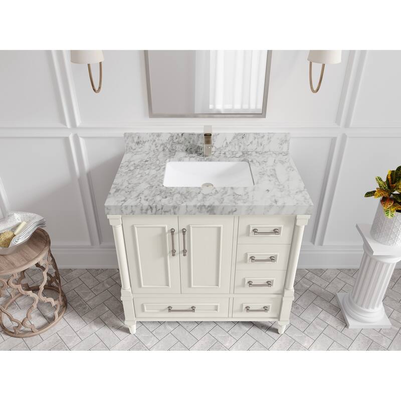 Willow Collections 36 in. W x 22 in. D Aberdeen Center Sink Left Bathroom Vanity with Countertop - 2” Carrara Marble - Ivory