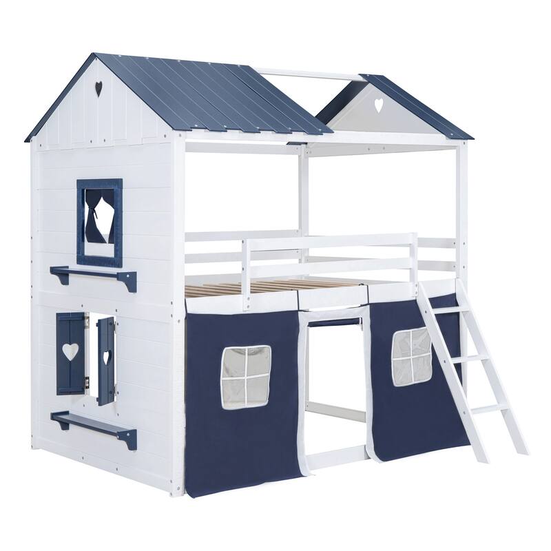 Full Size Bunk Wood House Bed with Elegant Windows, Sills and Tent
